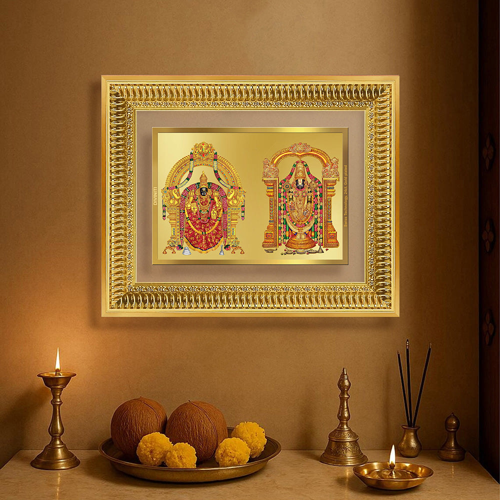 Diviniti 24K Gold Plated Padmavati And Balaji (Classic) Divine Wall Frame for Home Mandir & Office Decor | Luxury Spiritual Gift