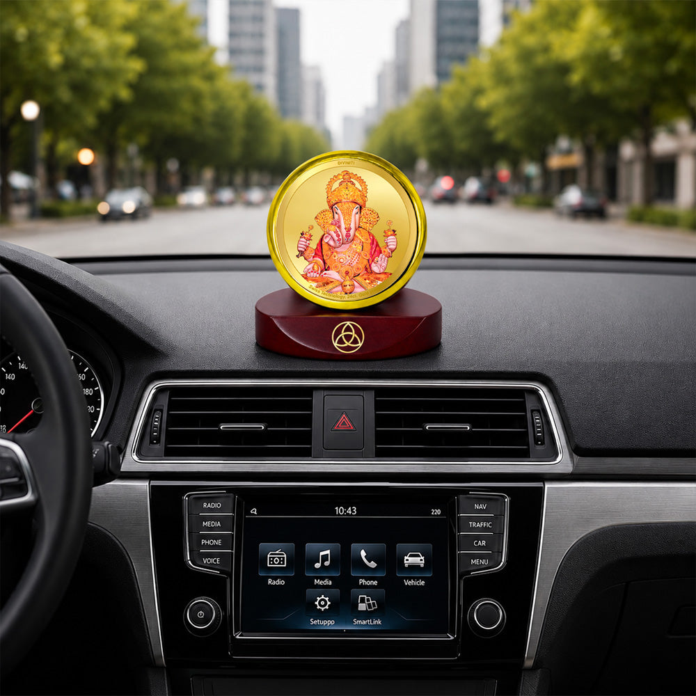 24K Gold-Plated Dagdu Ganesh Car Dashboard Frame | 5x5 CM