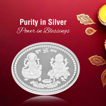 DIVINITI Pure Silver Coin Laxmi Ganesh & Swastik Symbol of Wealth and Blessings for Home & Office Décor, Puja Room Diwali Gift (50g)