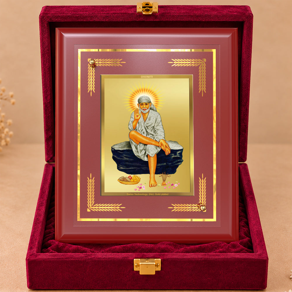 24K Gold-Plated Sai Baba MDF Frame | Premium Gift Box | 13.5x16 CM