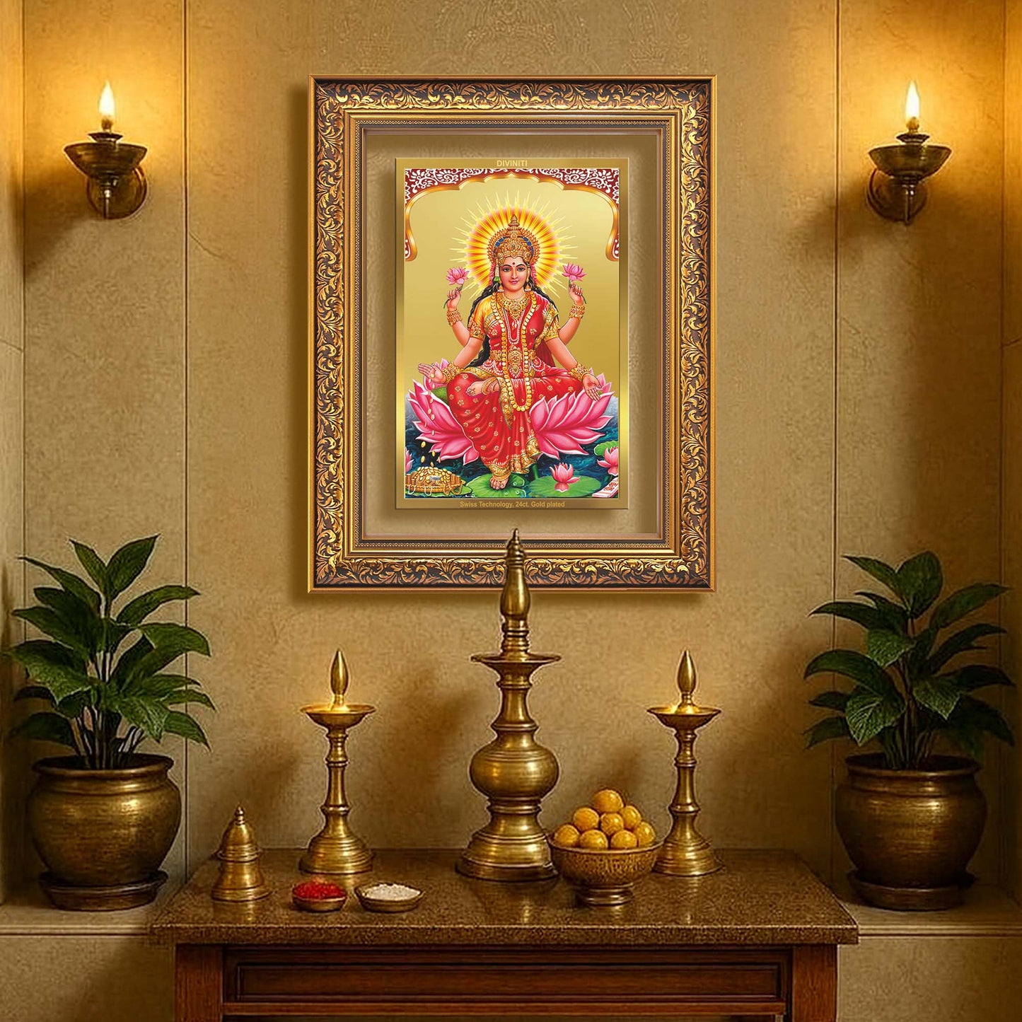 Diviniti 24K Gold Plated Lakshmi (Classic) Divine Wall Frame for Home Mandir & Office Decor | Luxury Spiritual Gift