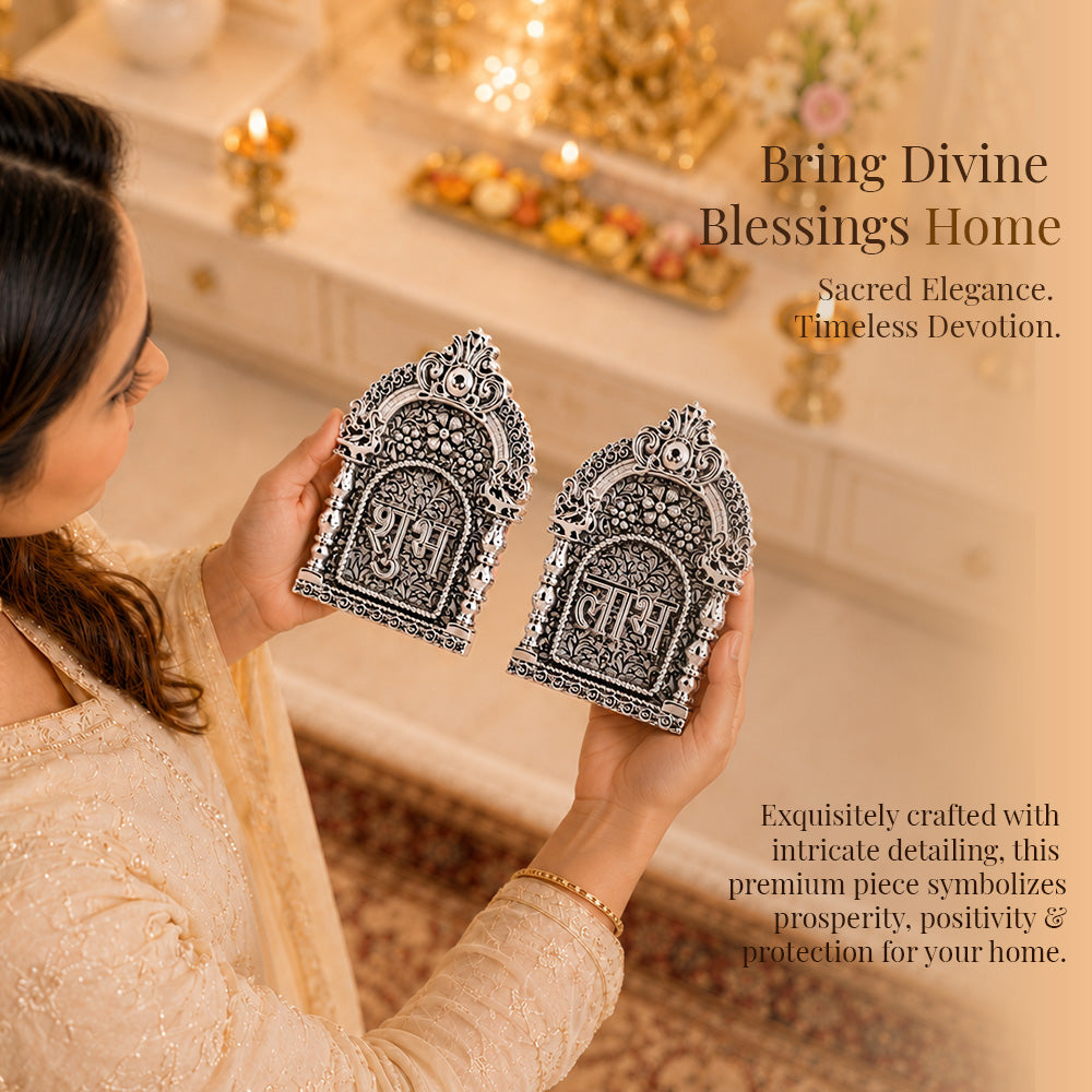 Diviniti 999 Silver Plated Subh Labh Set With Gift Box | Antique Finish Divine Décor