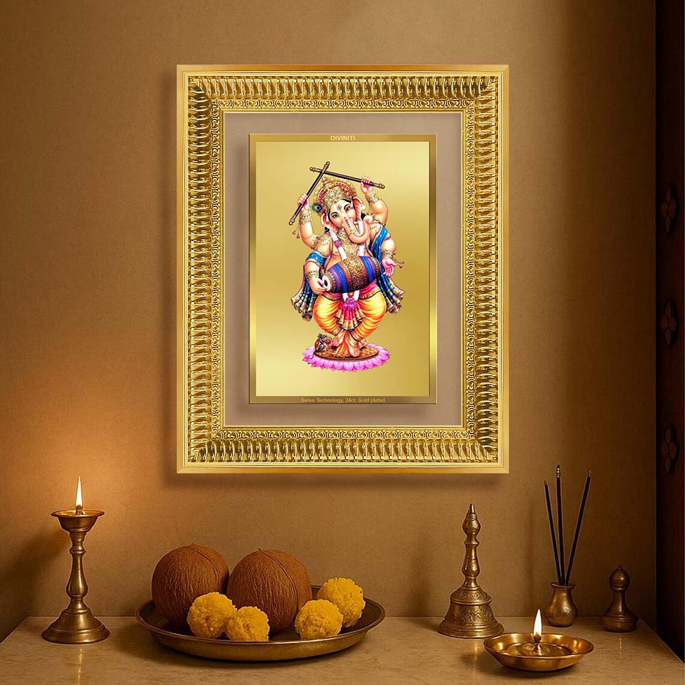 Diviniti 24K Gold Plated Dancing Ganesha (Classic) Divine Wall Frame for Home Mandir & Office Decor | Luxury Spiritual Gift