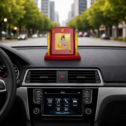 24K Gold-Plated Bal Gopal MDF Car Dashboard Frame | 7.5x9 CM