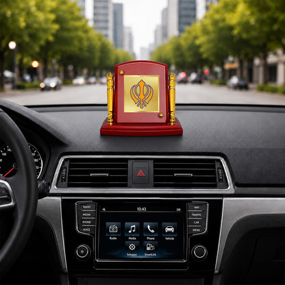 24K Gold-Plated Khanda Sahib MDF Car Dashboard Frame | 7.5x9 CM