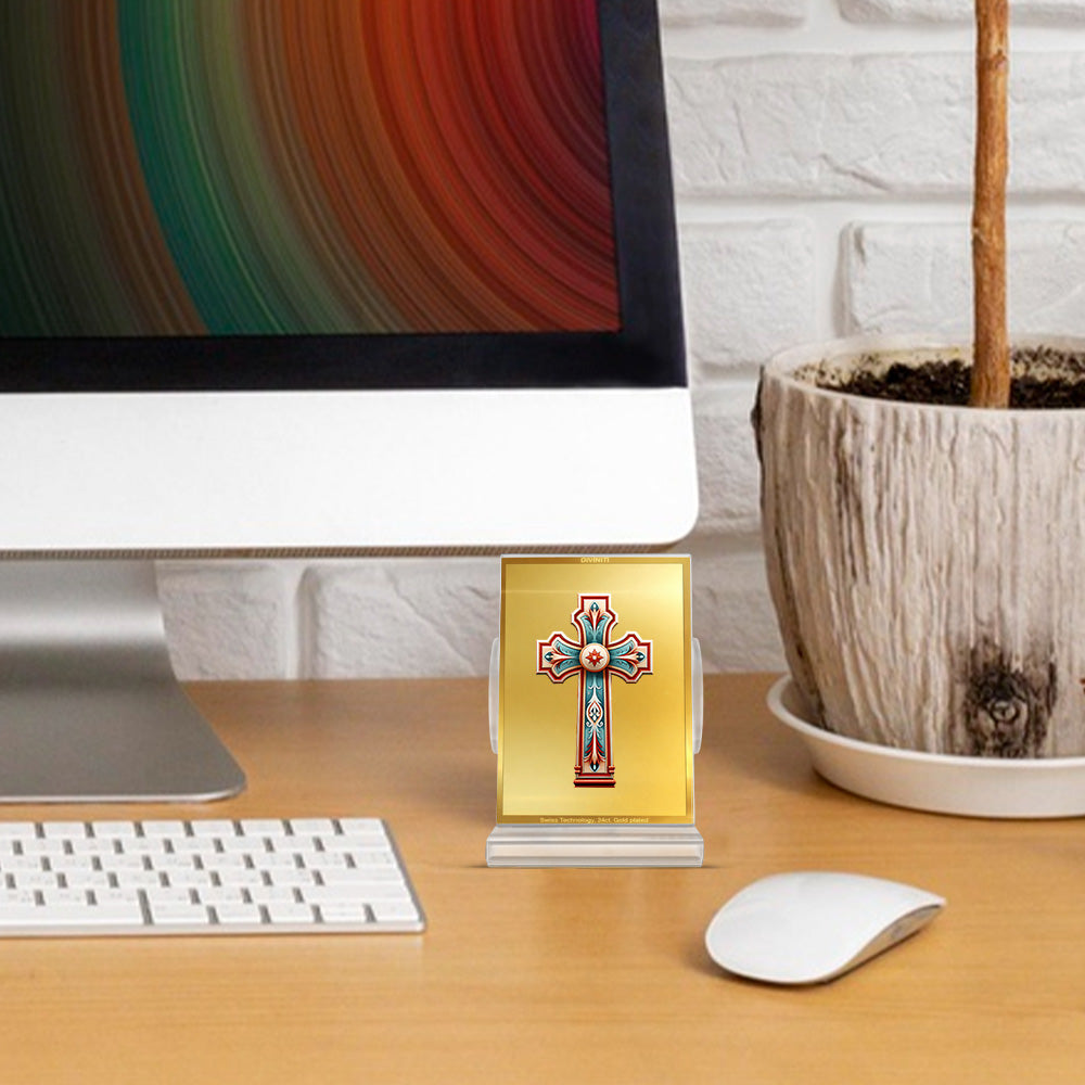 Holy Cross | Divine Christian Cross Car Dashboard & Tabletop Photo Frame in 24K Gold Plated Foil