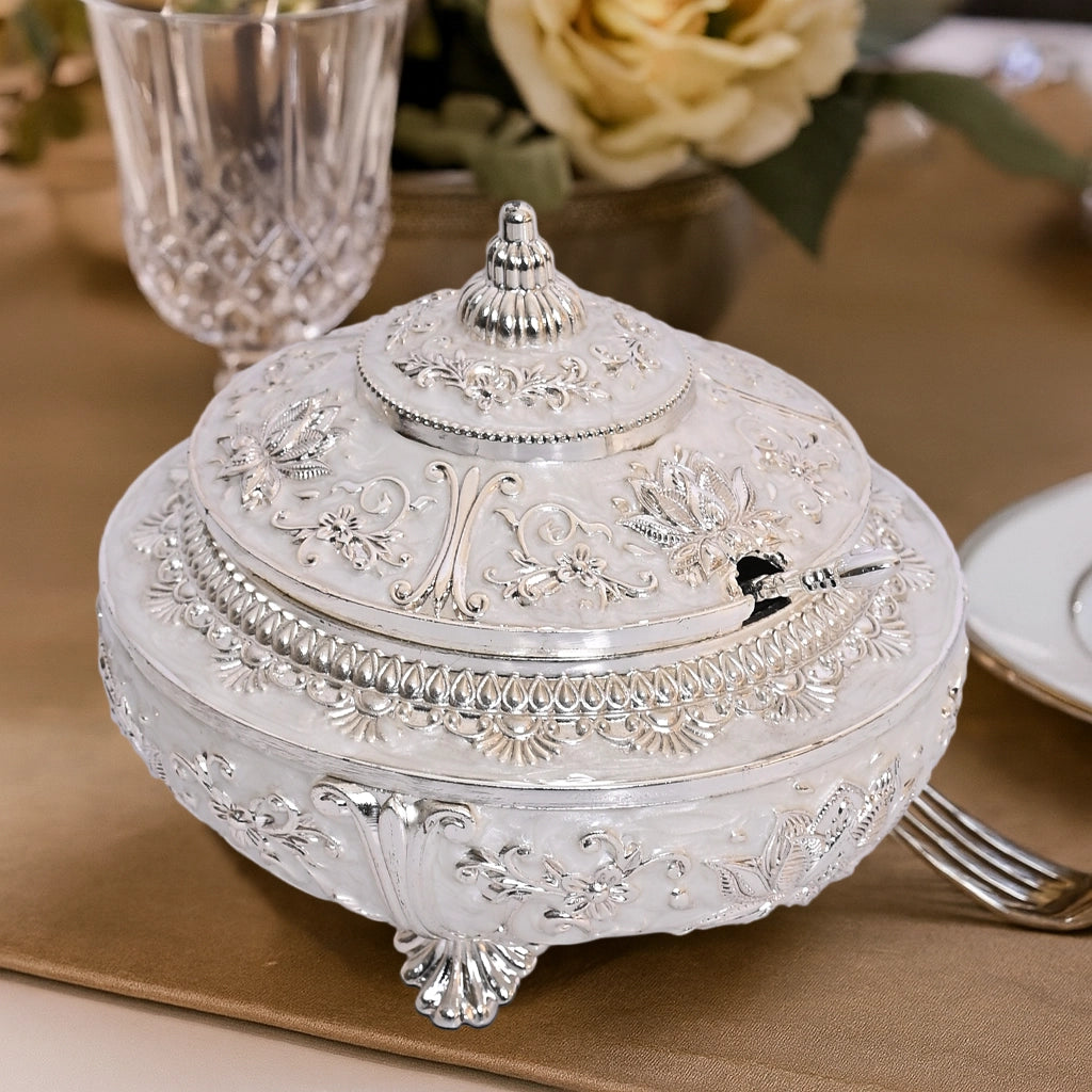 999 Silver Plated Sugar Bowl | Antique Finish Decorative Tabletop White Bowl for Decor and Gifting