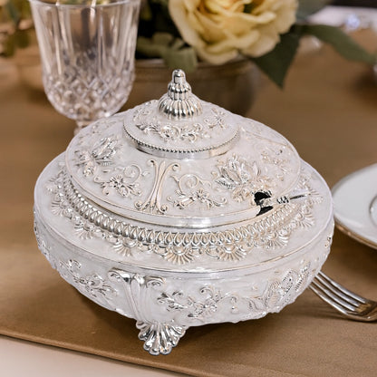 999 Silver Plated Sugar Bowl | Antique Finish Decorative Tabletop White Bowl for Decor and Gifting