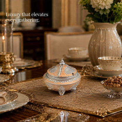Diviniti Silver-Plated Decorative Sugar Pot with Lid | Luxury Peach Enamel Bowl for Sugar, Mishri, Dry Fruits & Premium Gifting