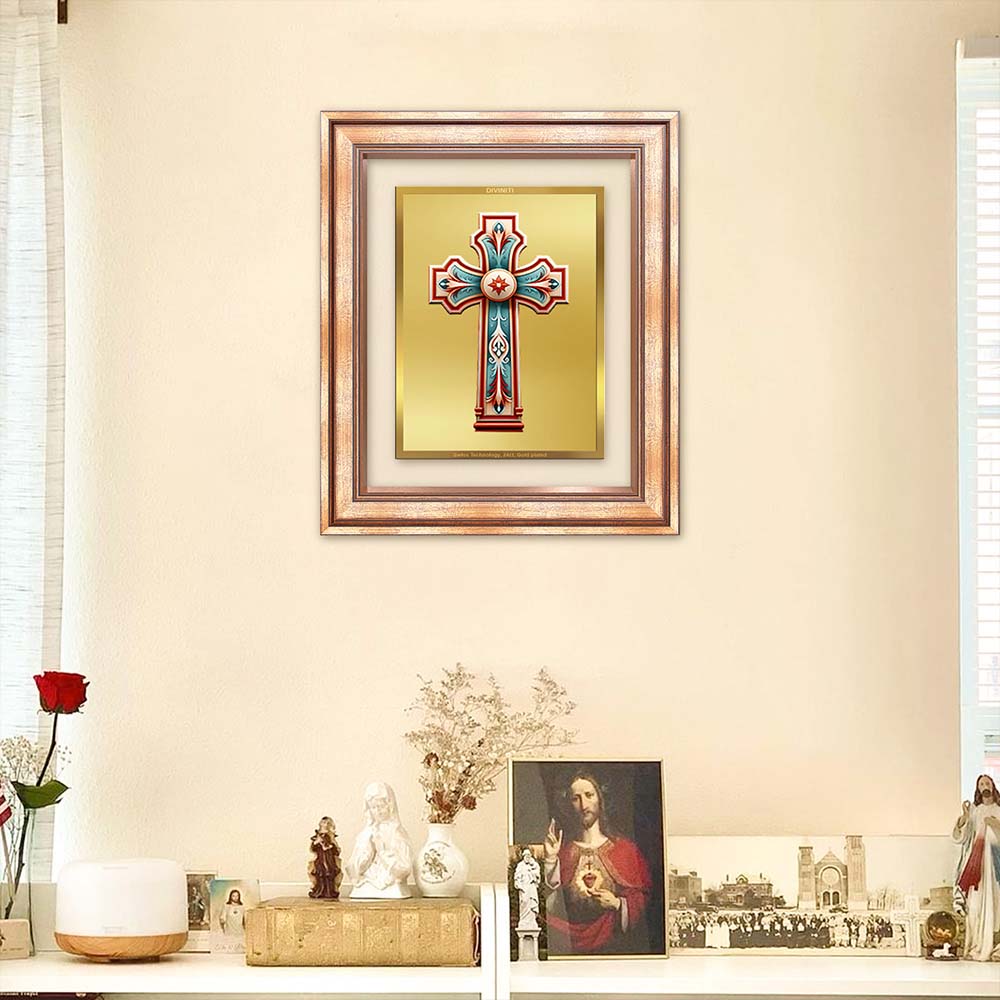 Diviniti 24K Gold Plated Holy Cross (Classic) Divine Wall Frame for Home Mandir & Office Decor | Luxury Spiritual Gift