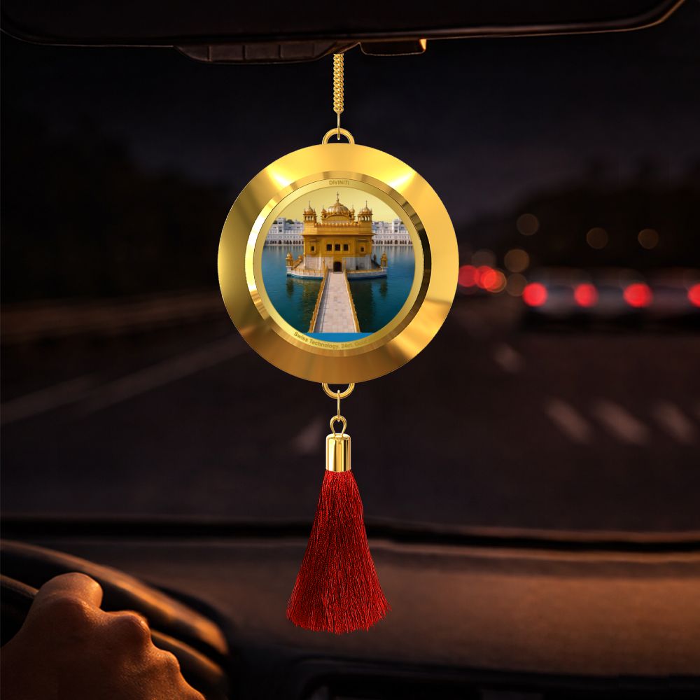 Diviniti 24K Gold Plated Double-Sided Baba Deep Singh & Golden Temple Car Dangler (5.5 cm) | Divine Hanging Car Decor for Protection, Positive Energy & Spiritual Blessings