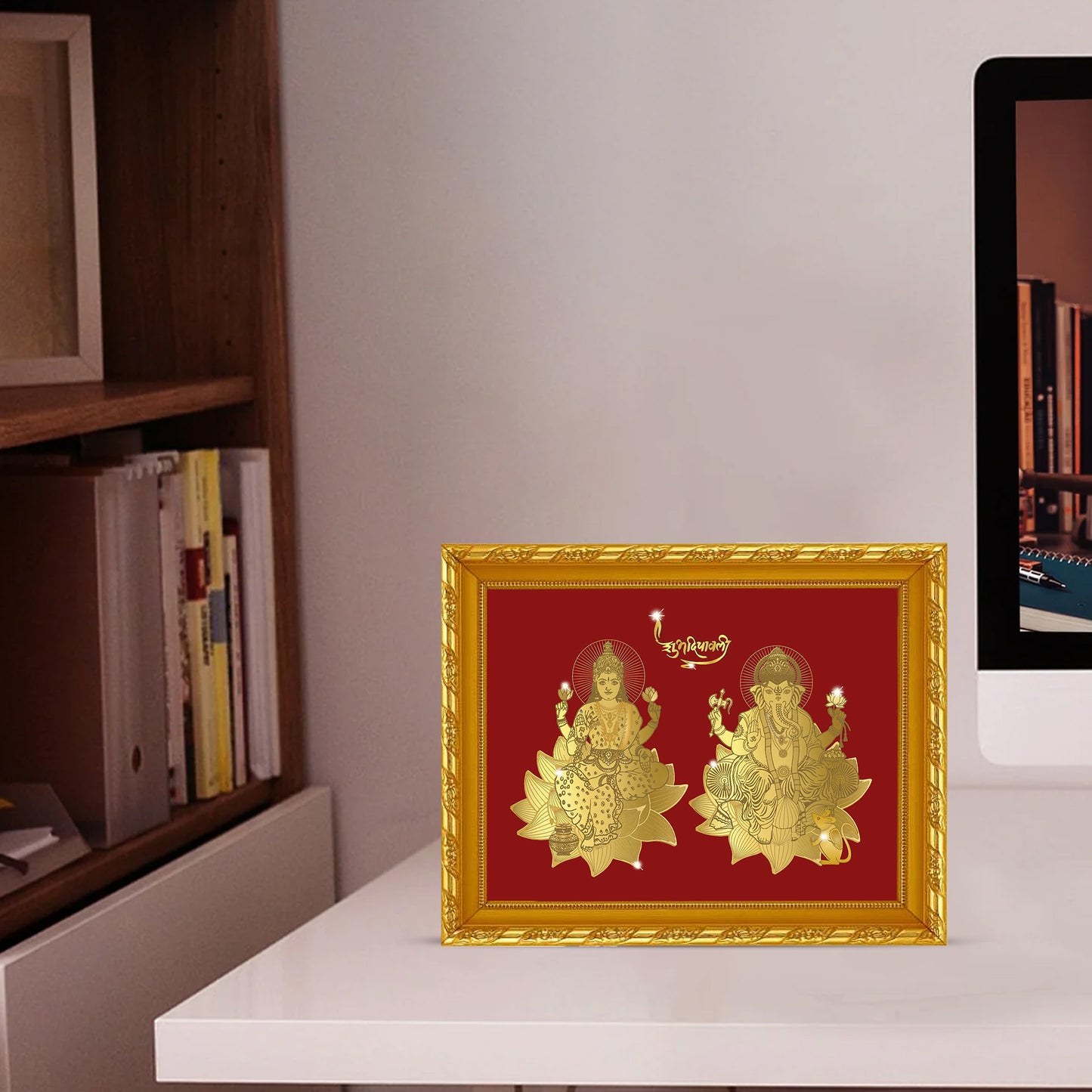 Diviniti 24K Gold Plated Laxmi Ganesha Photo Frame for Home Decor, Wall Hanging, Office Table, Gift MDF Size 2 (22.6x18.4 CM)