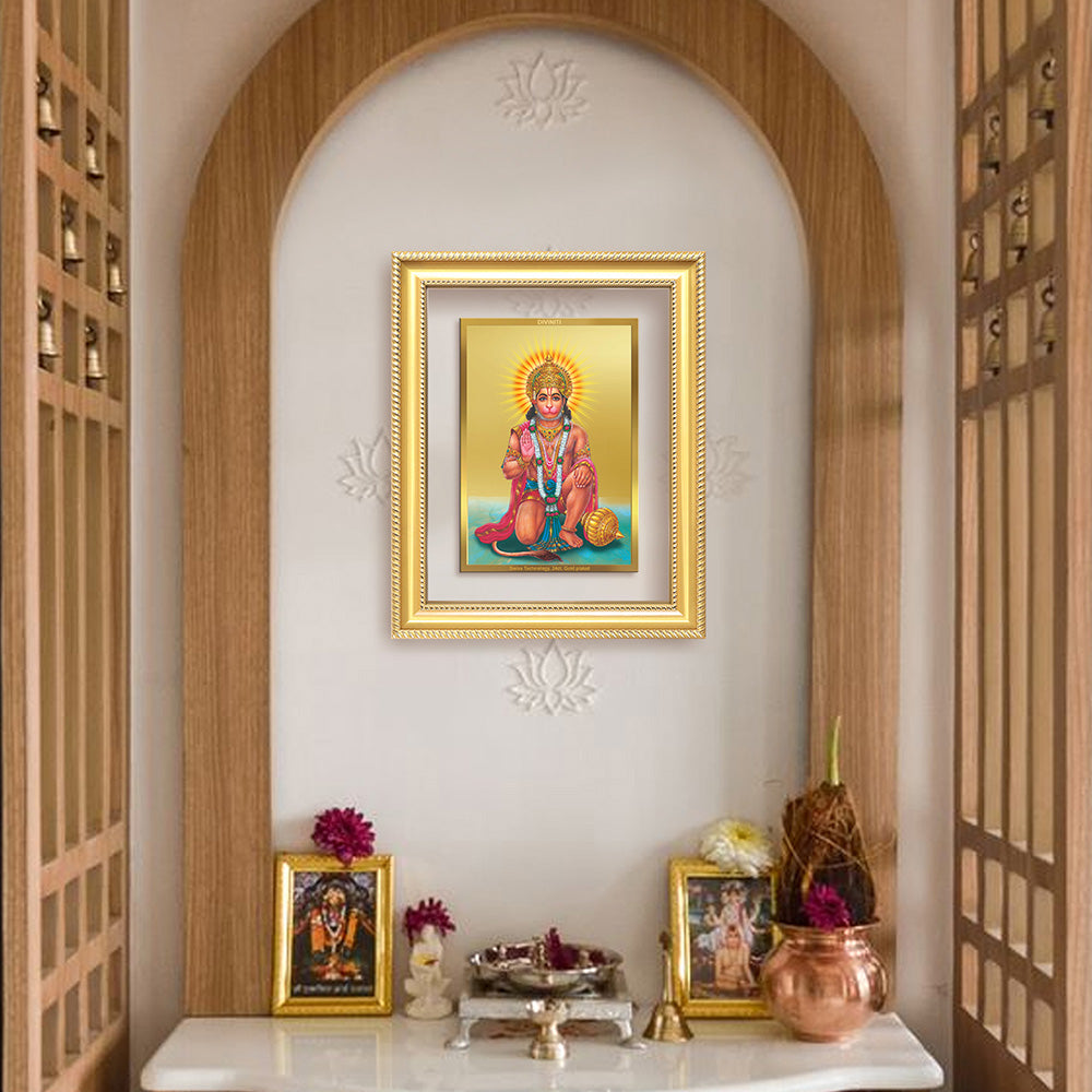 Diviniti 24K Gold Plated Ashirwad Hanuman (Classic) Divine Wall Frame for Home Mandir & Office Decor | Luxury Spiritual Gift