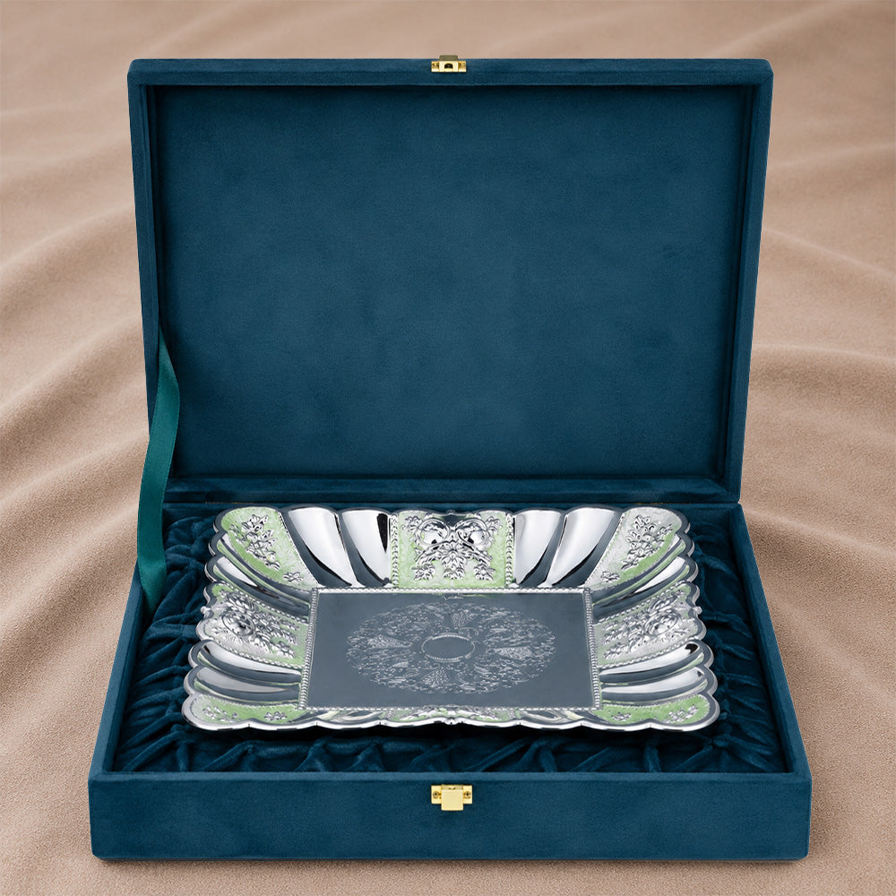 Diviniti German Silver Decorative Platter with Luxury Gift Box displayed in a velvet case.