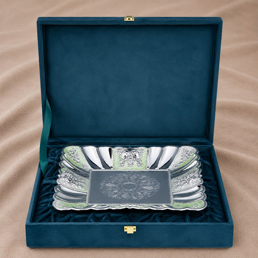 Diviniti German Silver Decorative Platter with Luxury Gift Box displayed in a velvet case.