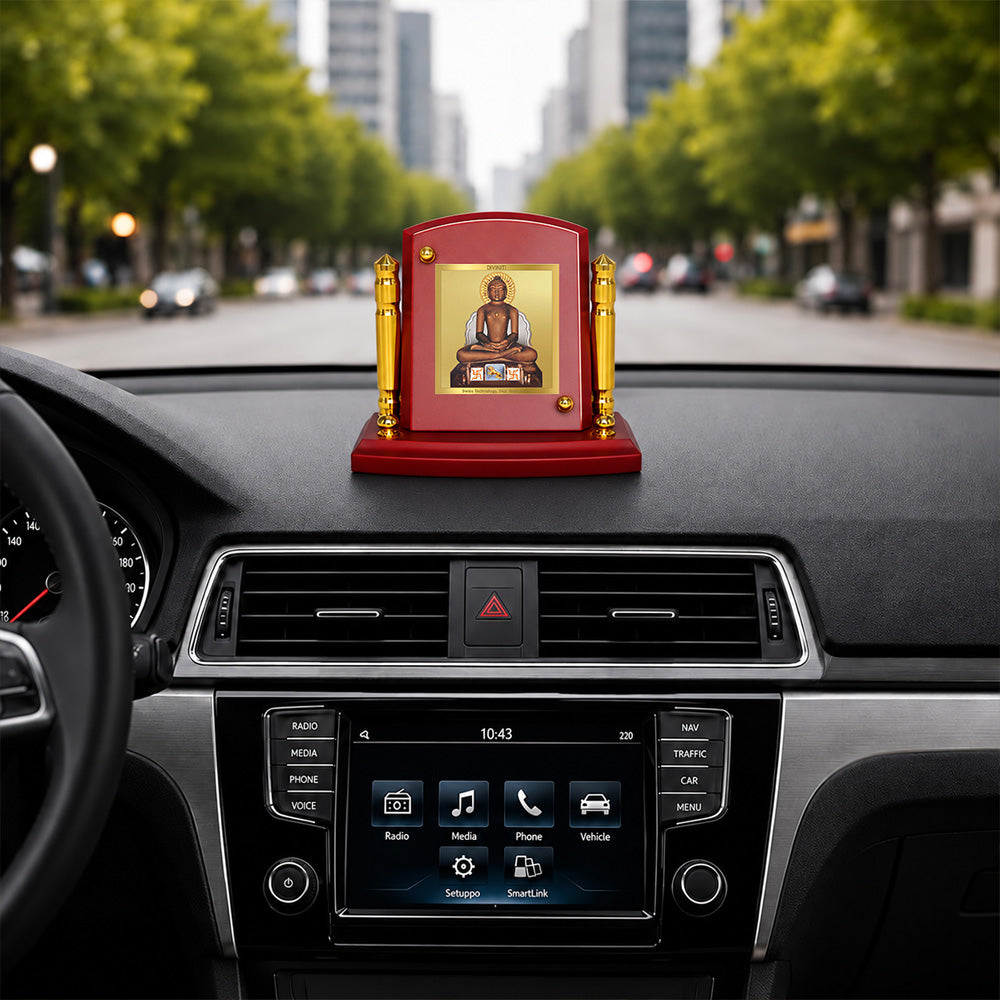 24K Gold-Plated Lord Mahavira MDF Car Dashboard Frame | 7.5x9 CM