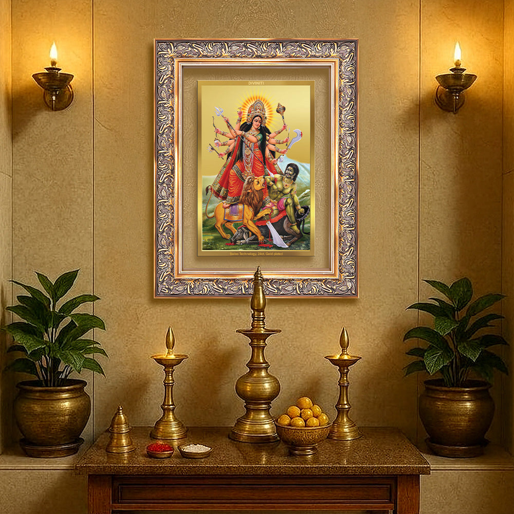 Diviniti 24K Gold Plated Durga - Mahishasura Mardini (Classic) Divine Wall Frame for Home Mandir & Office Decor | Luxury Spiritual Gift