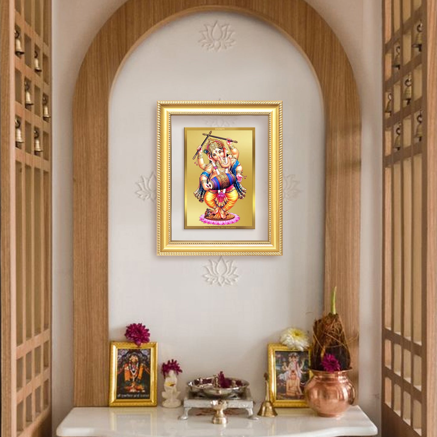 Diviniti 24K Gold Plated Dancing Ganesha (Classic) Divine Wall Frame for Home Mandir & Office Decor | Luxury Spiritual Gift