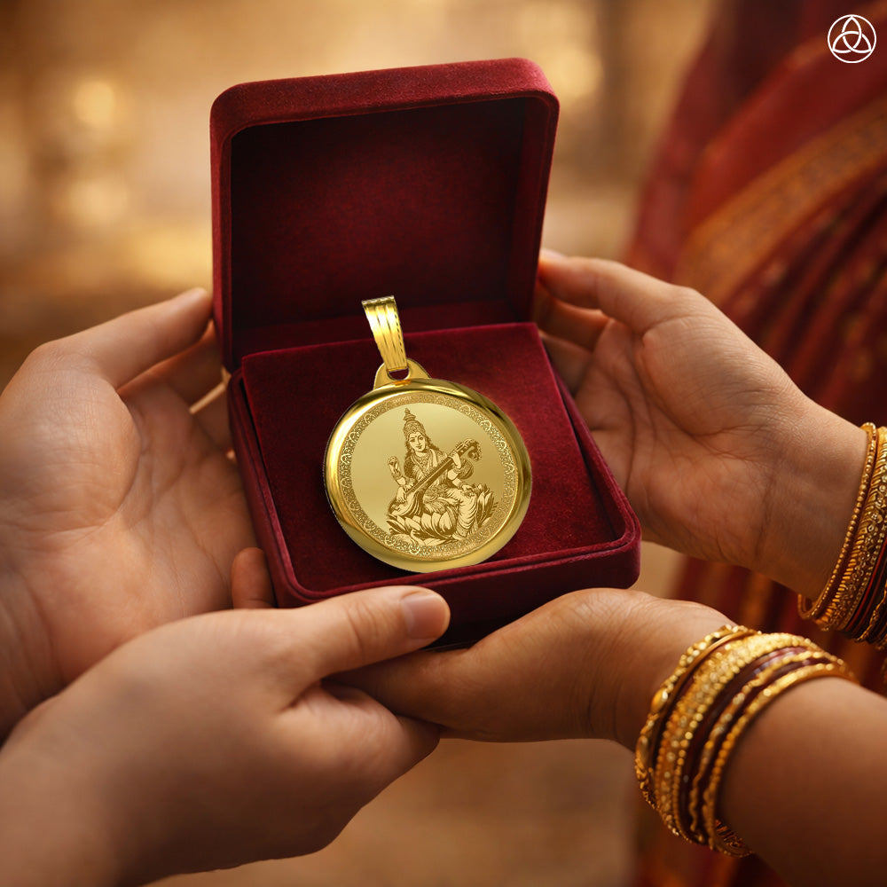 DIVINITI 24K Gold Plated Maa Saraswati & Sacred Yantra Pendant – 22mm Double-Sided Spiritual Pendant