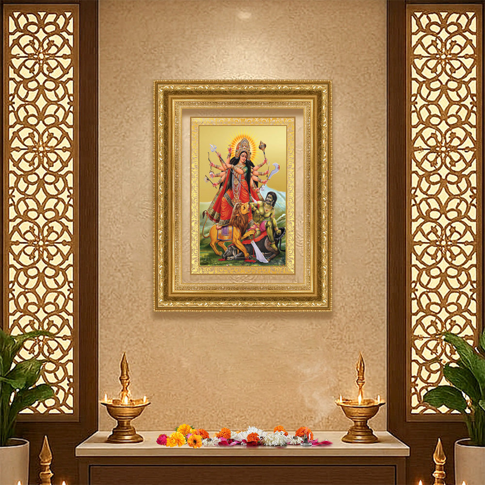 Diviniti 24K Gold Plated Durga - Mahishasura Mardini (Classic) Divine Wall Frame for Home Mandir & Office Decor | Luxury Spiritual Gift