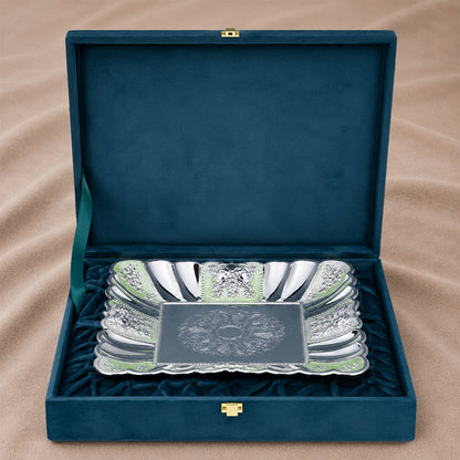 Diviniti Green German Silver Decorative Platter presented in a luxury gift box, showcasing elegant design and craftsmanship.