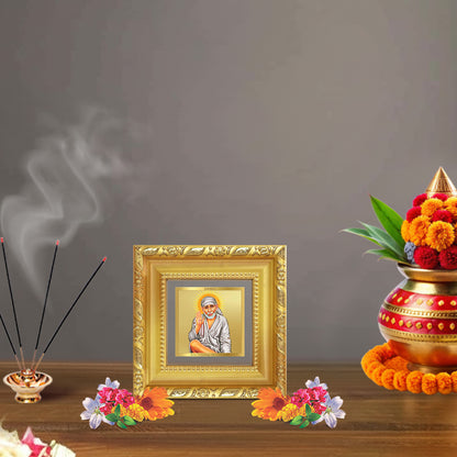Diviniti Sai Baba with Blessings Tabletop Photo Frame in 24K Gold Plated Foil | Protection, Faith & Divine Grace | DG103S1A (10x10 CM)