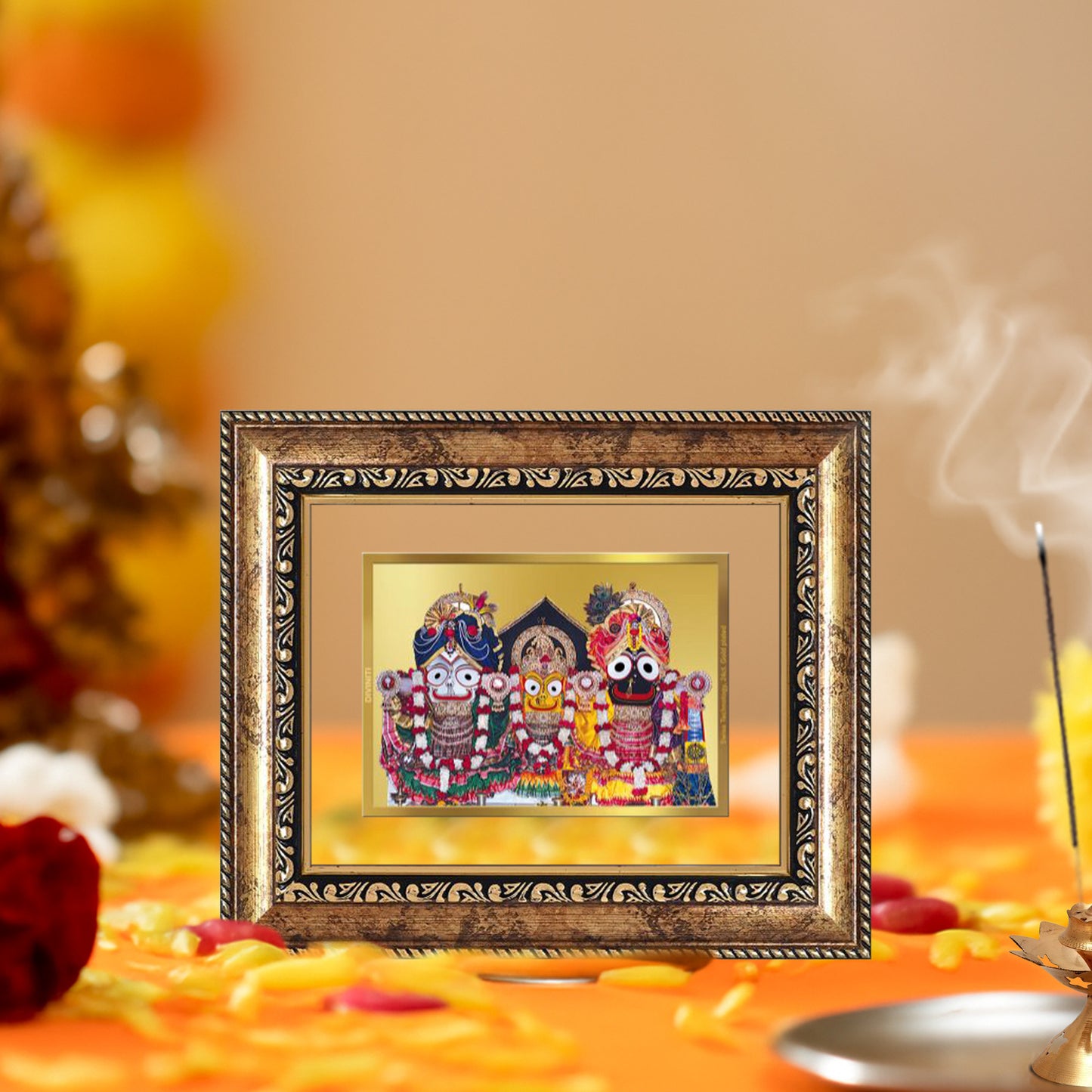 Diviniti 24K Gold Plated Jagannath Subhadra Balabhadra Divine Table Top Frame for Home Mandir & Office Decor | Luxury Spiritual Gift