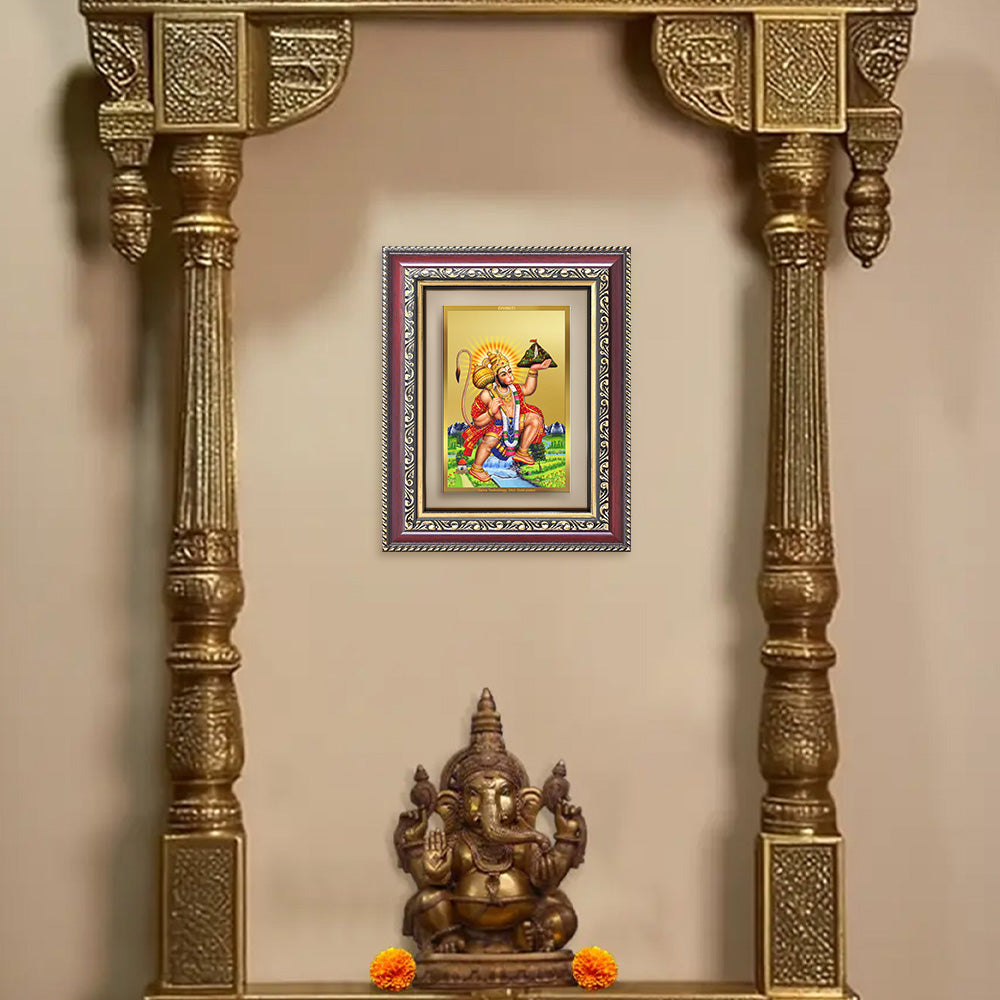 Diviniti 24K Gold Plated Hanuman With Mountain (Classic) Divine Wall and Table Top Frame for Home Mandir & Office Decor | Luxury Spiritual Gift
