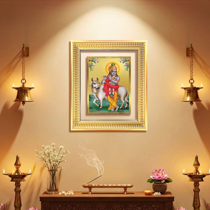 Diviniti 24K Gold Plated Krishna With Surbhi Cow (Classic) Divine Wall Frame for Home Mandir & Office Decor | Luxury Spiritual Gift