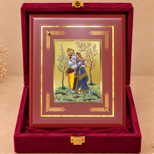 24K Gold-Plated Radha Krishna with Peacock MDF Frame | Premium Gift Box | 13.5x16 CM