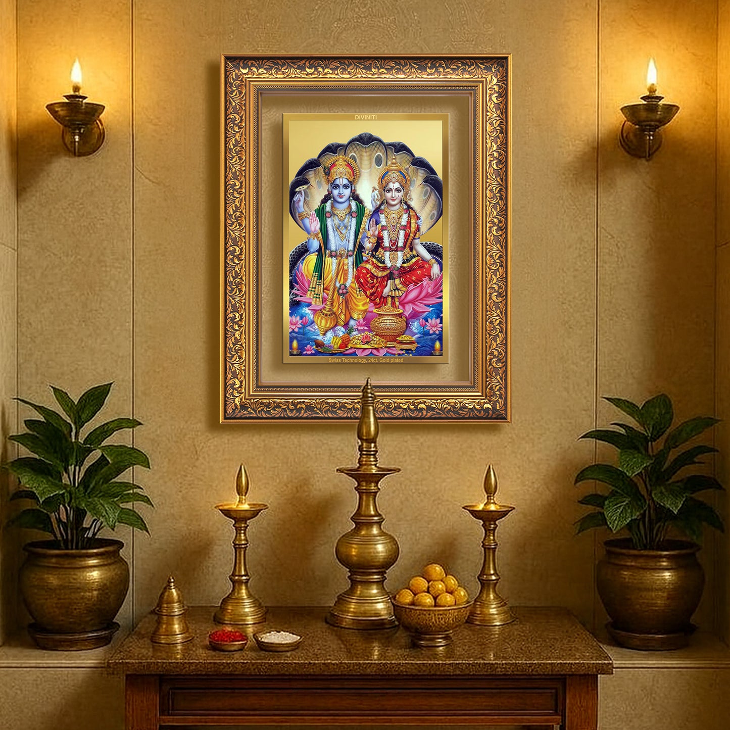 Diviniti 24K Gold Plated Vishnu Lakshmi (Classic) Divine Wall Frame for Home Mandir & Office Decor | Luxury Spiritual Gift