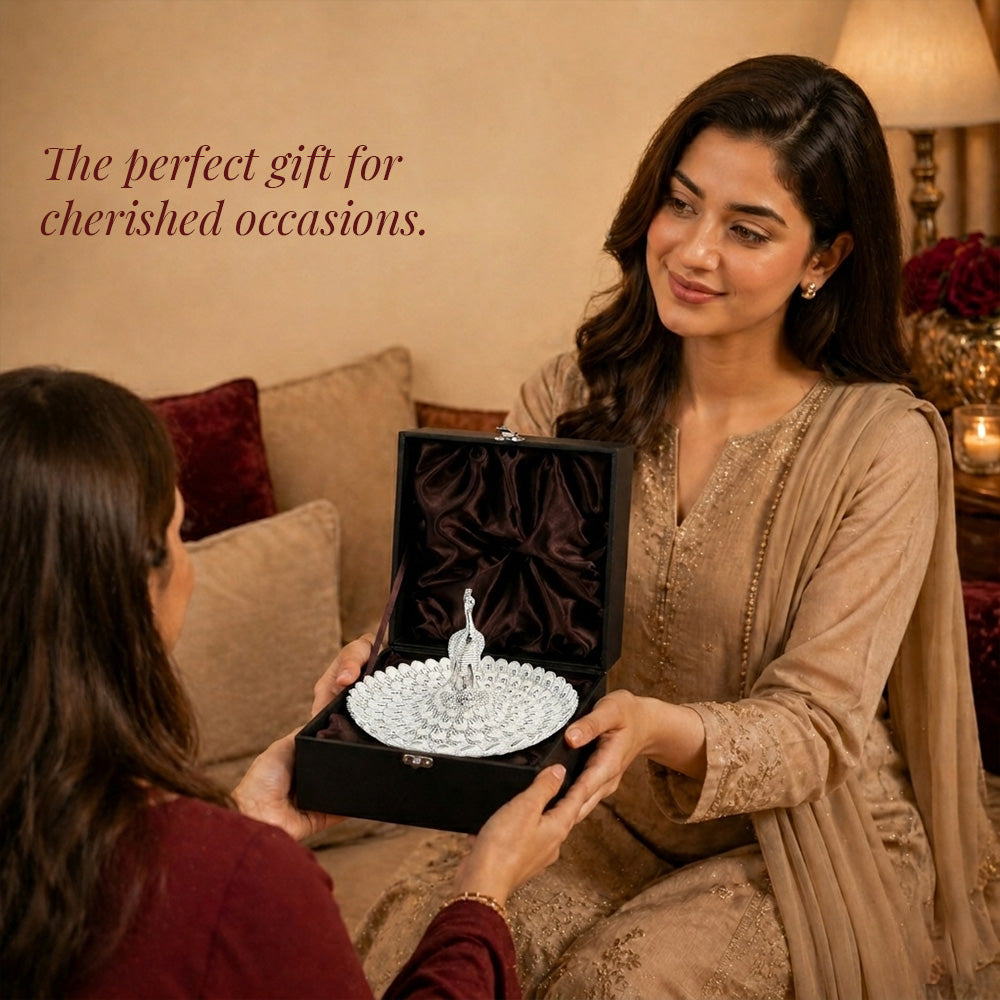 Diviniti Silver Peacock German Silver Platter beautifully presented in a gift box for cherished occasions.