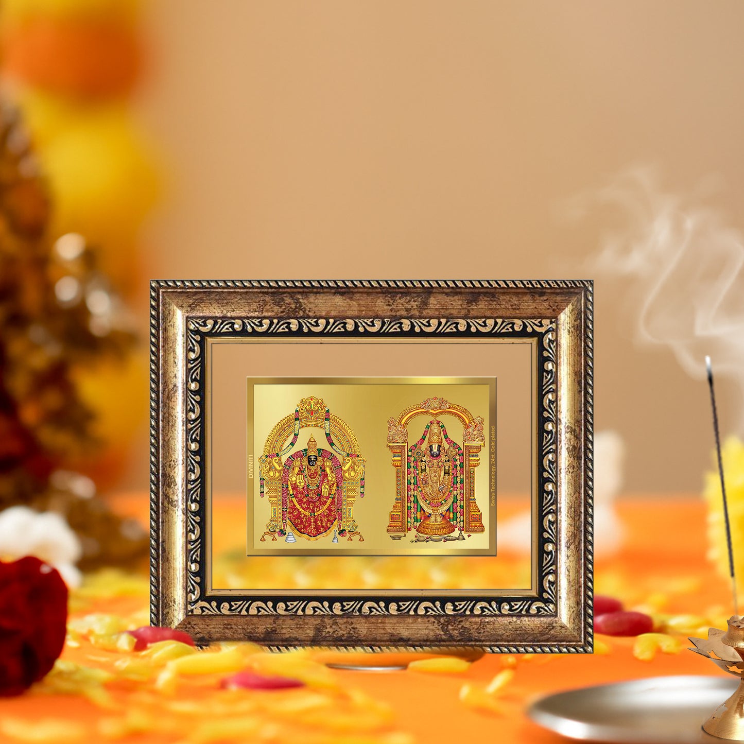 Diviniti 24K Gold Plated Padmavati And Balaji Divine Table Top Frame for Home Mandir & Office Decor | Luxury Spiritual Gift