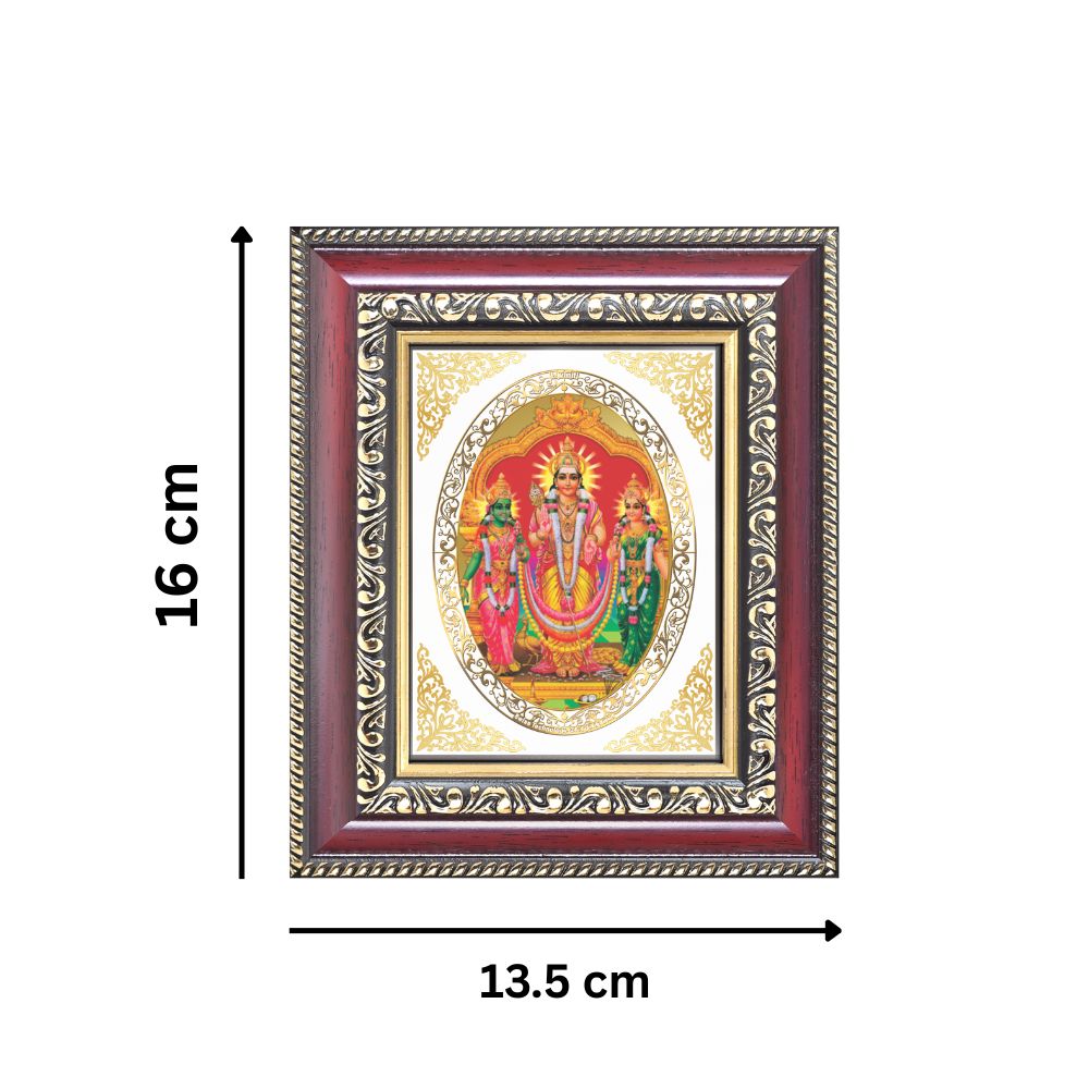 Lord Murugan with Valli & Devasena Divine Subramanya Sacred Blessings Royal Tabletop Frame in 24K Gold Plated Foil