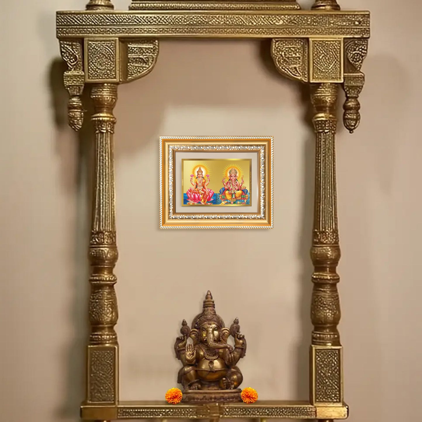 Diviniti 24K Gold Plated Lakshmi Ganesha (Classic) Divine Wall and Table Top Frame for Home Mandir & Office Decor | Luxury Spiritual Gift