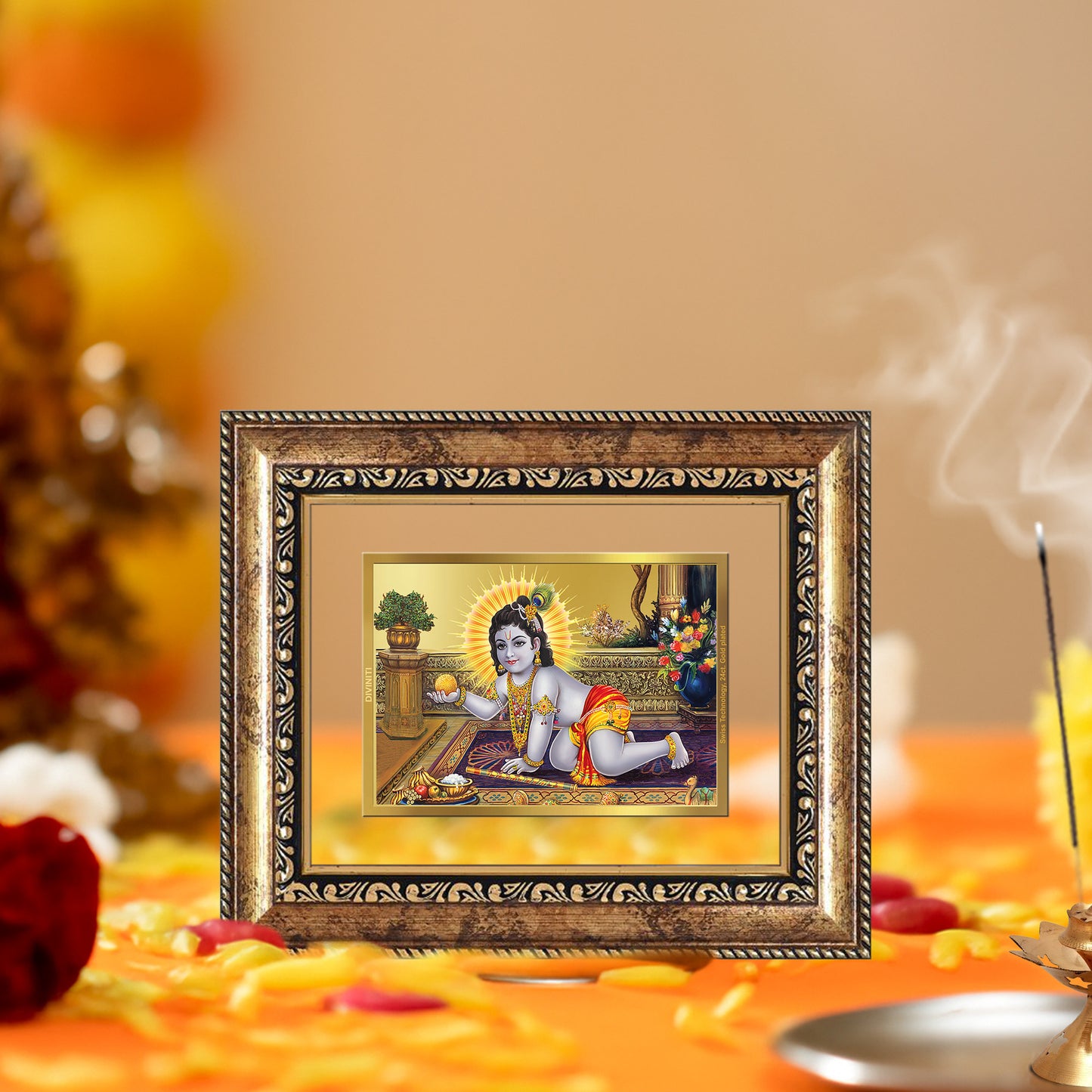 Diviniti 24K Gold Plated Laddu Gopal Divine Table Top Frame for Home Mandir & Office Decor | Luxury Spiritual Gift