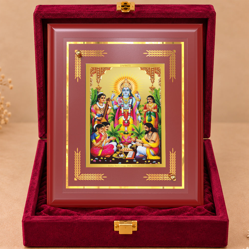 24K Gold-Plated Lord Satya Narayan MDF Frame | Premium Gift Box | 13.5x16 CM