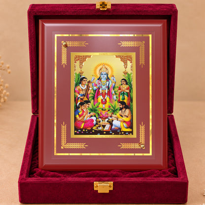 24K Gold-Plated Lord Satya Narayan MDF Frame | Premium Gift Box | 13.5x16 CM