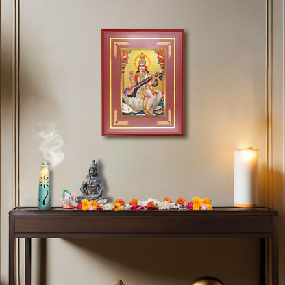 Diviniti Saraswati Mata Wall Photo Frame in 24K Gold Plated Foil | Wisdom, Knowledge & Divine Inspiration