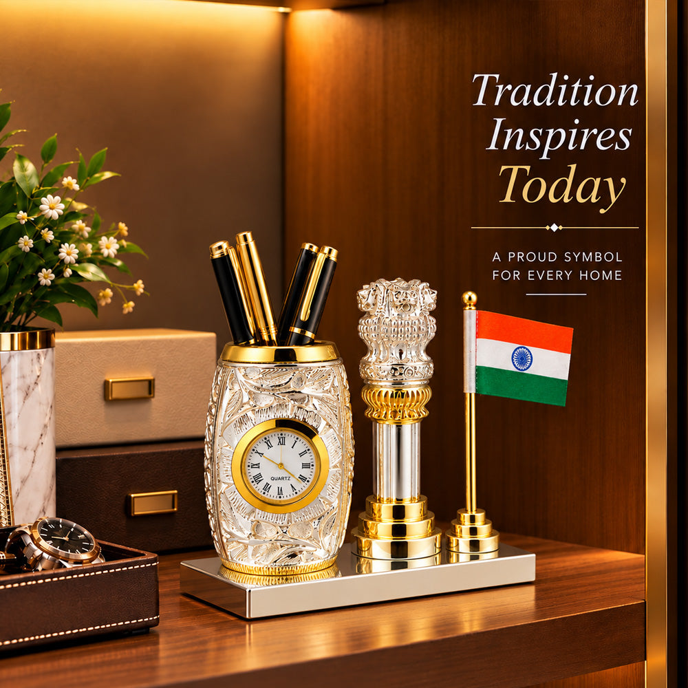 999 Silver-Plated Dual-Tone Ashoka Stambh Pen Stand | Premium Gift Box | 12x15 CM