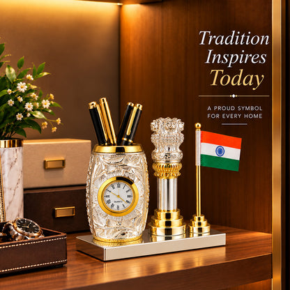 999 Silver-Plated Dual-Tone Ashoka Stambh Pen Stand | Premium Gift Box | 12x15 CM
