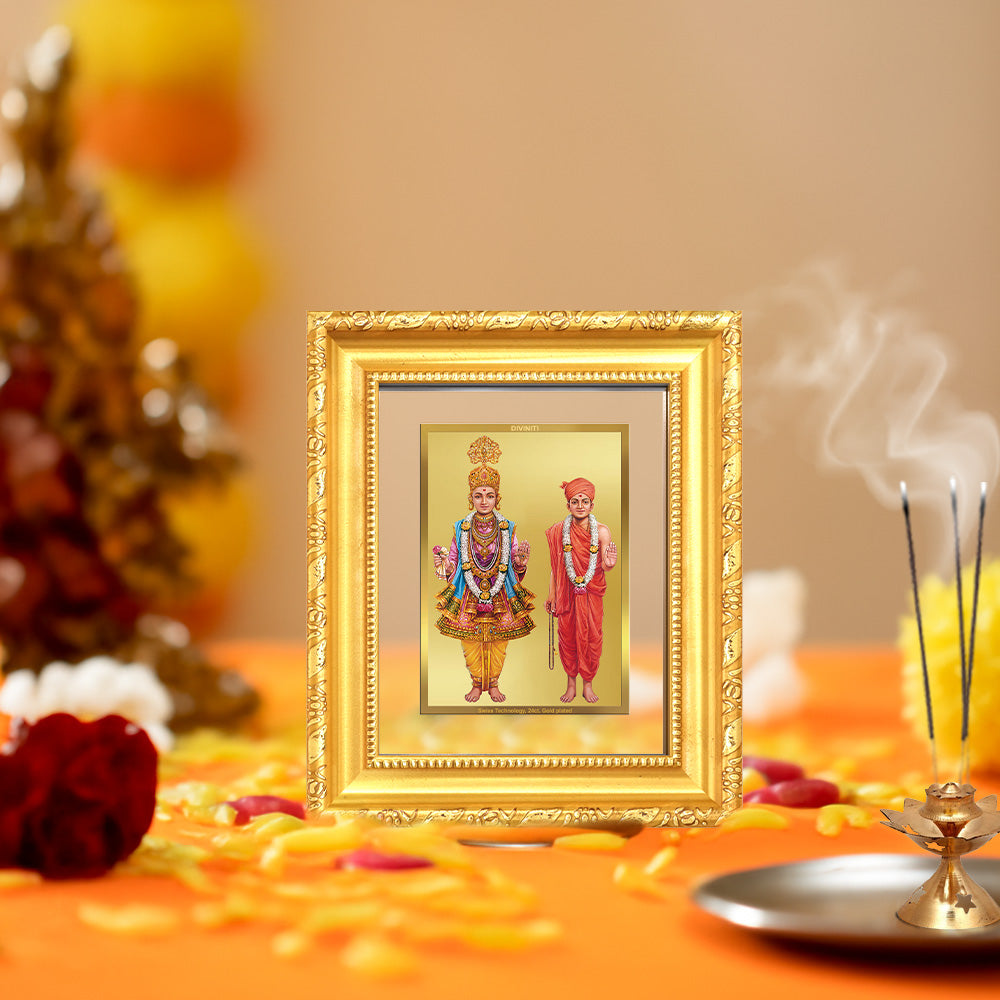 Diviniti 24K Gold Plated Swaminarayan |Divine Table Top Frame for Home Mandir & Office Decor | Luxury Spiritual Gift