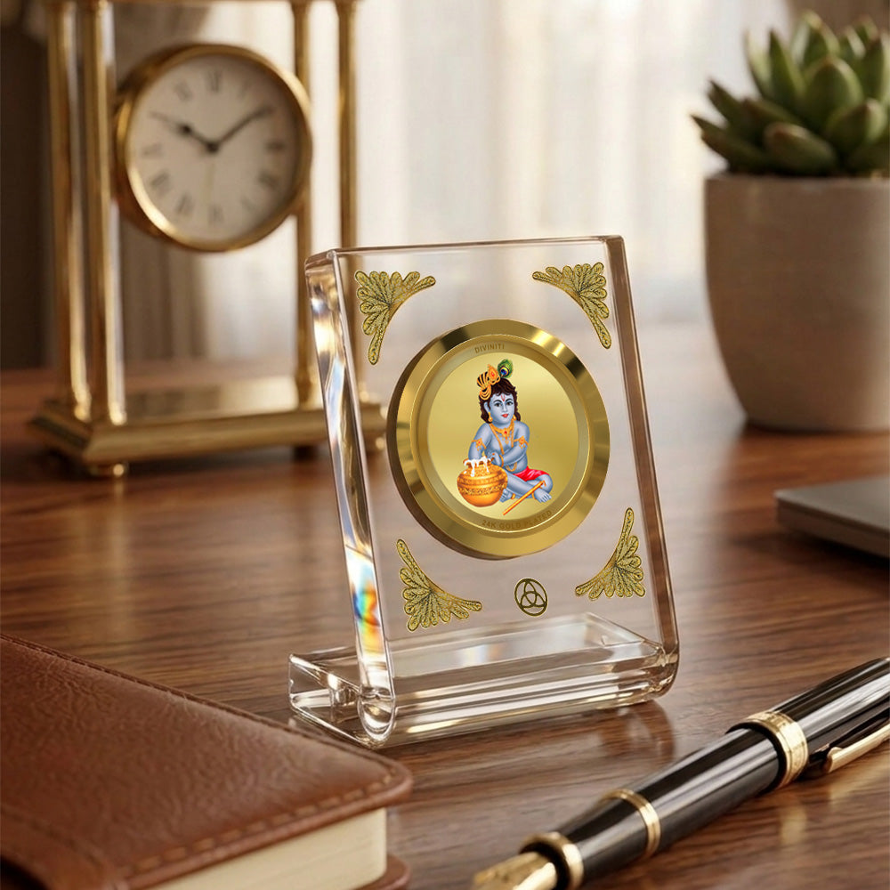 Bal Gopal car dashboard frame featuring 24K gold plating in a premium crystal-clear frame.