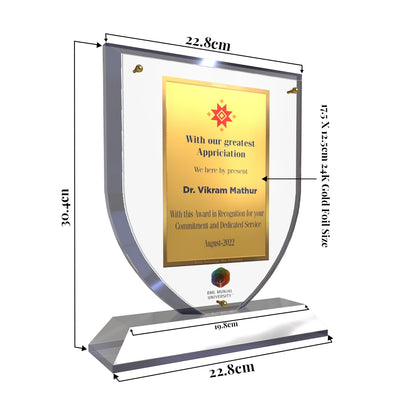 Crystal Shield Personalized Trophy Premium Appreciation Award with 24k Gold Plated Foil