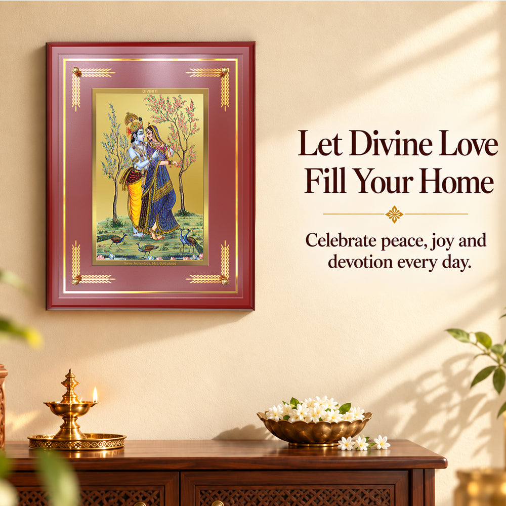 24K Gold-Plated Radha Krishna with Peacock MDF Frame | Premium Gift Box | 27x35 CM