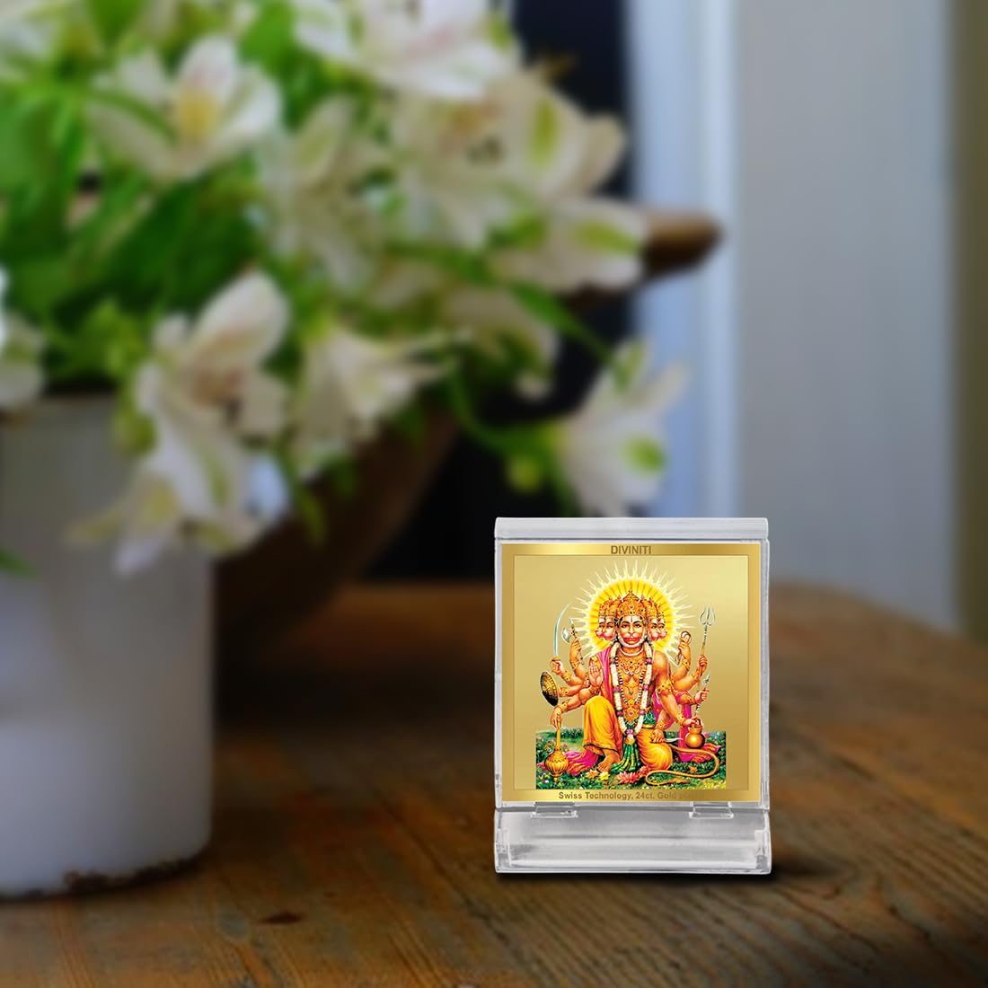 Diviniti 24K Gold Plated Panchmukhi Hanuman Acrylic Frame for Car Dashboard, Home Decor, Tabletop, Puja Room, Festival Gift ACF3A (5.8x4.8 CM)