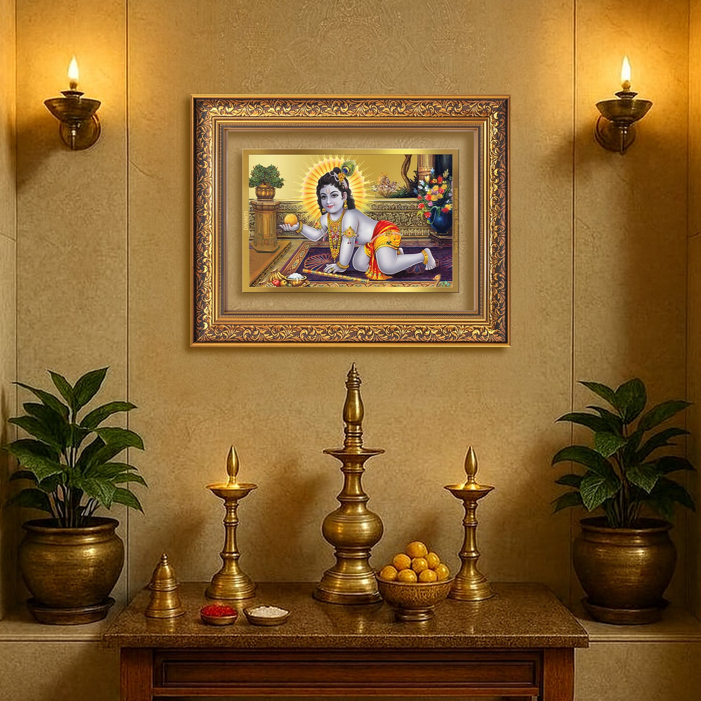 Diviniti 24K Gold Plated Laddu Gopal (Classic) Divine Wall Frame for Home Mandir & Office Decor | Luxury Spiritual Gift
