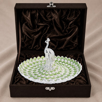 Diviniti Sage Green Peacock German Silver Platter displayed in a premium gift box, showcasing its intricate design.