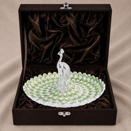 Diviniti Sage Green Peacock German Silver Platter displayed in a premium gift box, showcasing its intricate design.