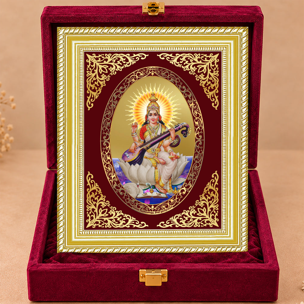24K Gold-Plated Saraswati Mata Frame | Premium Gift Box | 26x20 CM